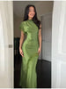 Olive Green Satin Maxi Dress Women Elegant Shawl Design Lace Trim Asymmetrical Hem Ruched Bodycon Formal Dinner Gown