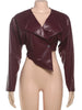 Faux Leather Single Button Crop Jacket Women Autumn Cross Neck Full Sleeve Wild Style Classic Streetwear Coat
