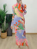 Pleated Print Dress For Women Stand Collar Long Sleeves Slim Style Female Elegant Clothing Spring 2DA4141