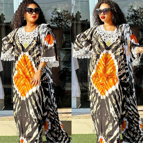 Africa Dress for Women for Evening Party Autumm Elegant Print O-neck Maxi Dress Muslim Abaya Dashiki African Clothing
