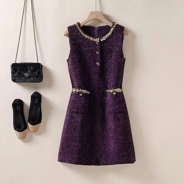 Womens Dresses Small Fragrant Tweed Vest Skirt Beaded Sequined Tweed A word Loose Dress Spring and Autumn Women's Dress