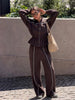 Women Black Track Suit Jacket Two Piece Suit Zip Up Cinch Waist Coat Wide Leg Pants Lady Autumn Street Matching Set