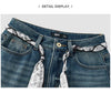 Women Jeans Belted Fleece Lined Flared Loose Fit Distressed Wash Vintage HighWaist Streetwear Denim Pants