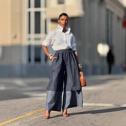Women High Waist Patchwork Wide Leg Denim Trousers Jeans Retro Casual Elastic Waist High Street Pockets Loose Jeans