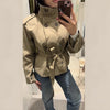 Spring Autumn Solid Women Short Windbreaker Stand Collar Long Sleeve Belt Single Breasted Female Coat Elegant Lady Outwear