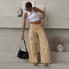 European and American Style Retro Flower Printing Wide-leg Jeans Women's Trousers Ruffle Edge Design Ripped Low-rise