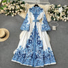 Retro Court Style Printed Dress Women Autumn Winter Flared Sleeve Vintage Long Dresses Ladies Slim Autumn Winter Long Robe