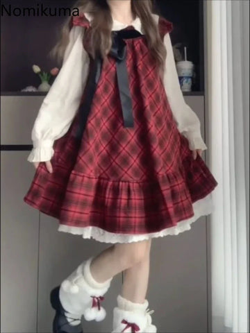 Sweet Dress Suit Japanese Two Piece Sets Women's Clothing Peter Pan Collar Long Sleeve Shirt Bow Loose Plaid Dress Outfits