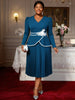 Elegant Church Dresses A Line Pleated V Neck Long Sleeves 3D Flower Peplum Office Ladies Wedding Guest Party Outfit Curve