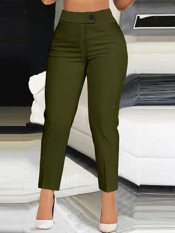 Women Elegant Autumn High Waist Slim Straight Casual Trousers Polyester Solid Color Office Lady Cropped Pants