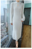 Women' 100%Pure Mink Cashmere Dress Stand-Up Collar Buckle Slim Knit Long Skirt High Waist Over The Knee Bottoming Dress