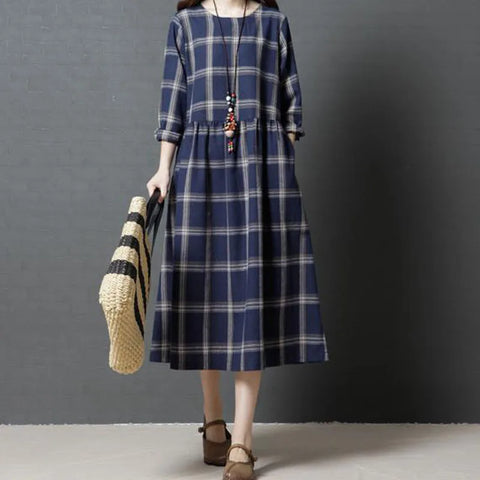 Autumn Winter Korean Loose O-neck Pockets Plaid Long Sleeve Dress Simple Comfortable Women Dresses