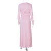 Elegant Pink Irregular Pleated Maxi Dress Women O-Neck Long Sleeve Ruched Slim Long Dress Wedding Guest Evening Party Robes