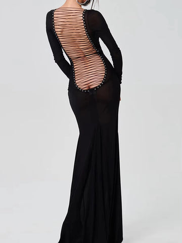 Black Long Sleeve Transparent Lace Dress for Women Sexy Floor-length Evening Dress Slim Party Club Dresses Red Christmas Dress