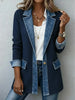 Women Ribbed Denim Patchwork Blazer Lapel Long Sleeve Single Button Casual Mid Length Jacket Ladies Spring Autumn Outerwear