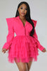 Vintage Women Single Breasted Notched Neck Puff Long Sleeve Mesh Cascading Ruffles Big Swing Blazer Dress Chic Vestidos