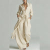 Vintage Solid High Waist Belted 2 Piece Sets Long Sleeve Button Lapel Shirt And Wide Leg Pants Woman Outfit Spring Vacation Suit