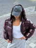 Women Solid Hooded Glossy Padded Jacket Long Sleeve Stand Zipper Fluffy Warm Coat Autumn Winter Chic Casual Street Jackets