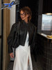 Sexy High Collar Cropped Leather Top Women Stylish Long Sleeve Round Neck Slim Black Short Coats Lady Party Club Wear