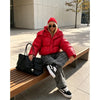 Bright Red Hooded Puffer Jacket Oversized Collar Horizontal Quilted Thick Padded Cropped Coats Women's Down Winter Jackets Warm