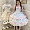 Y2K Sweet Lolita Jks Strap Dress Women Solid Ruffle Lace Bow Patchwork Kawaii Princess Ball Gown Knee-Length Elegant Party