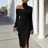 Women's Elegant Off Shoulder High Neck Midi Dress Long Sleeve Ruched Bodycon Package Hip Dress With Slit Formal Party Dress