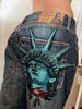 Harajuku Y2k 2000s Women Clothing Vintage Statue of liberty Diamonds Jeans Casual Denim Pants High Waist Straight Wide Leg Jeans