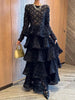 Elegant Spliced 3D Flower Dresses for Women O Neck Long Sleeves High Waist Patchwork Ruffles Folds Dress Female
