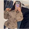 Plaid Short Trench Coat Women Lapel Collar Double Breasted Belted Waist Long Sleeve Loose Jacket Autumn Casual Chic Coats