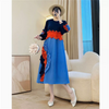 Tie Flower Design Women's Pleated Dress O-neck Long Sleeve Colorblock Patchwork Chic Beading Loose Famale Clothes