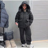 Printed Drawstring Oversized Pockets Puffer Suit Winter Women Warm Padded Coat Set Warm Casual Lady Cotton-Padded Outfit