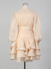 Elegant Pink High Neck Organza Fabric Mini Dresses for Women Puff Sleevs Ruched Waist Tiered Ruffles for Cocktail Parties