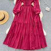 Vintage Chiffon Long Dress Women Elegant V-neck Long Sleeved Casual Dresses French Pleated Slim A-line Long Robe Vestidos
