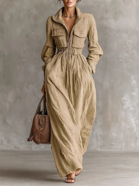 Zipper Lapel Collar Pocket Long Dress for Women Casual Long Sleeve Solid Party Dress Elegant Elastic Waist Maxi Dresses
