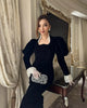 Full Sleeve Lace Patchwork Velvet Maxi Dress Women Elegant Stand Collar Puffed Slim Long Sexy Gowns Lady Evening Dinner Dresses