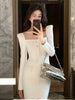 Sexy Square Collar Dress Women Tweed High End Autumn Elegant Slim Waist Long Sleeve Party Dresses Vestidos