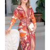 Women Vintage Baroque Print Long Sleeve Bodycon Dress Casual Plunge V Neck Ruched Slim Fit Midi Dress Party Elegant Wear