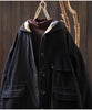 Women Vintage Hooded Button Parkas Plus Cotton Winter Coats Solid Color Patchwork Pockets Warm Long Parkas