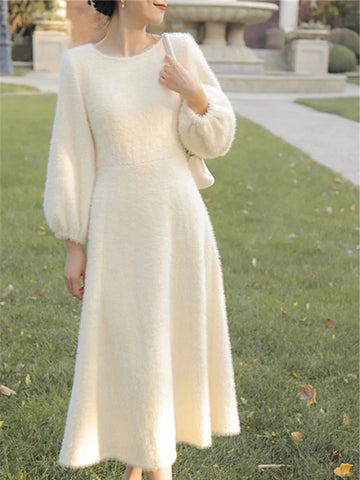 French Fairy Long Dress Plush Gentle White Sweater Dress Women's Spring Autumn Adding Velvet Thickening Dresses