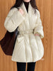 Lagabogy Winter Belt Waist-Tight Elegant Warm 90% White Duck Down Jacket Female Long Sleeve Solid Color V-neck Puffer Coat