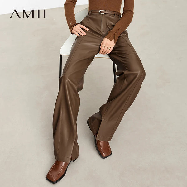 Minimalist PU Leather Casual Pants for Women Autumn Loose Floor Length Straight Slit Female Trousers 12343250