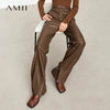 Minimalist PU Leather Casual Pants for Women Autumn Loose Floor Length Straight Slit Female Trousers 12343250