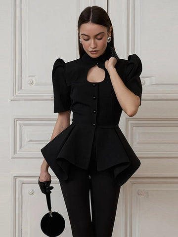 Spring Chic Women Peplum Blazer Elegant High Neck Cutout Puff Sleeves Asymmetric Ruffled Hem Coat Lady Streetwear