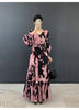 Abstract Print Ruched Womens' Pleated Dress Ruffle Sleeve Pleated Chiffon Long Dresses Party Outfit 2DB7460