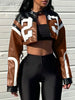 Women's Artificial Leather Jacket PU Leather Short Jacket Digital Printed Streetwear Motorcycle Casual Jacket