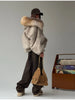Vintage Thicken Faux Fur Woolen Jacket Women Hooded Pocket Lantern Sleeve Elastic Waist Coat Winter Female Daily Outwear