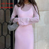 Spring Autumn O-Neck Elastic Knit Long Dresses Women Elegant Chic Soft Lady Hollowing Sweater Dresses Femme