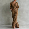 Bohemian Casual Solid Split Long Dresses Woman Elegant V Neck Pocket Maxi Dress Spring Long Sleeve High Waist Draped Party Dress