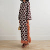 Geometric Print Women Maxi Dresses Long Flare Sleeve Feather Fringe Trim Side Slit Dress Elegant Party Vintage Ladies Dress