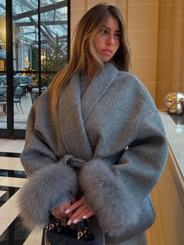 Elegant Lace Up Woolen Short Coat Solid Lapel Fur Cuffs Belt Long Sleeve Jacket Female Autumn Winter Lady Chic Cardigan
